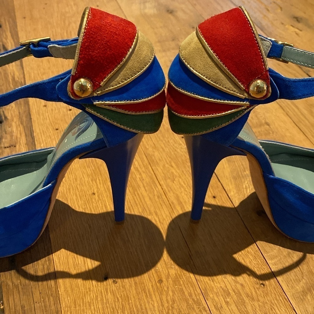 Havi Elle Rare Luxury Cobalt Blue Platform Suede PeepToe Made in Italy Heels 7.5 - Picture 12 of 13